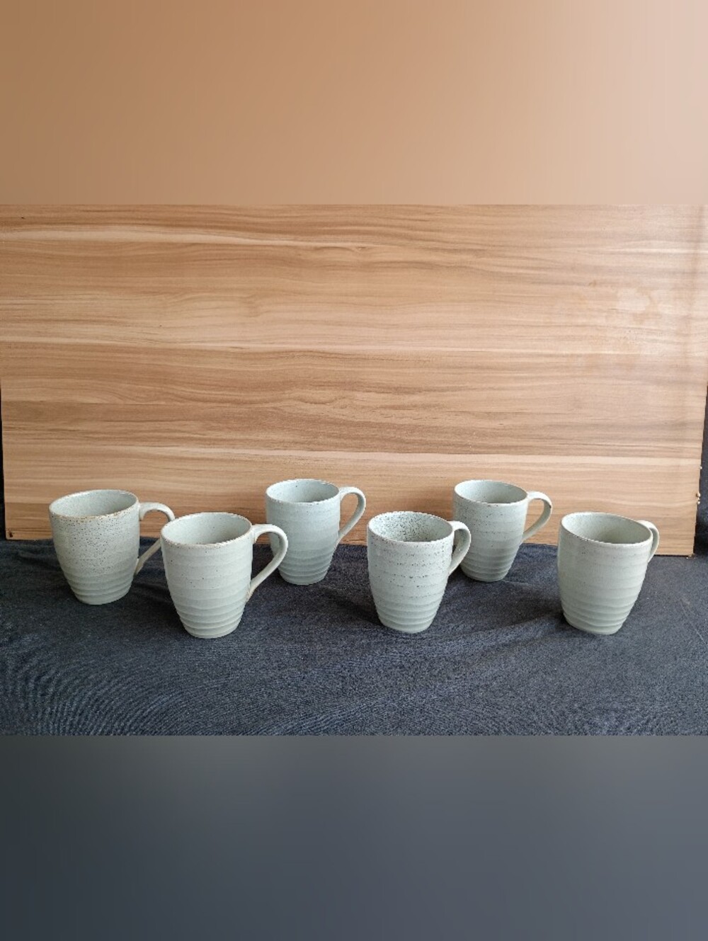 222 Fifth Studio Set of 6 Genuine Stoneware Coffee Mugs Sage Green Brown Striped
